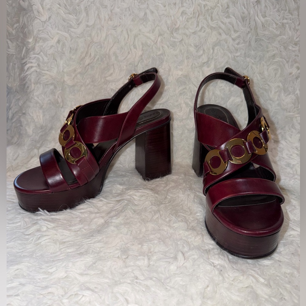 SEE BY CHLOÉ Burgundy Chain-Link Leather Platform
Sandals NWOT 38 - Picture 11 of 15